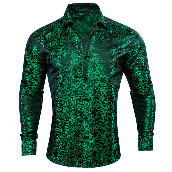 Black Green Floral Pattern Silk Men's Long Sleeve Shirt