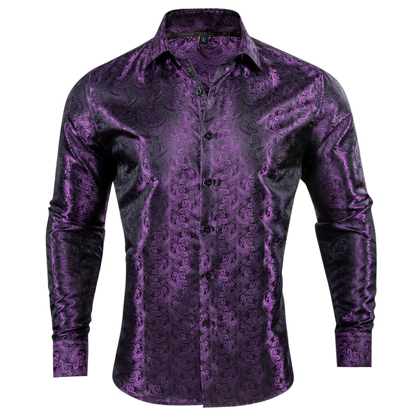 Dark Purple Paisley Pattern Silk Men's Long Sleeve Shirt