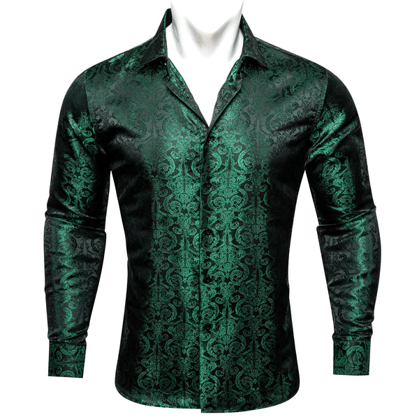 Dark Green Floral Pattern Silk Men's Long Sleeve Shirt