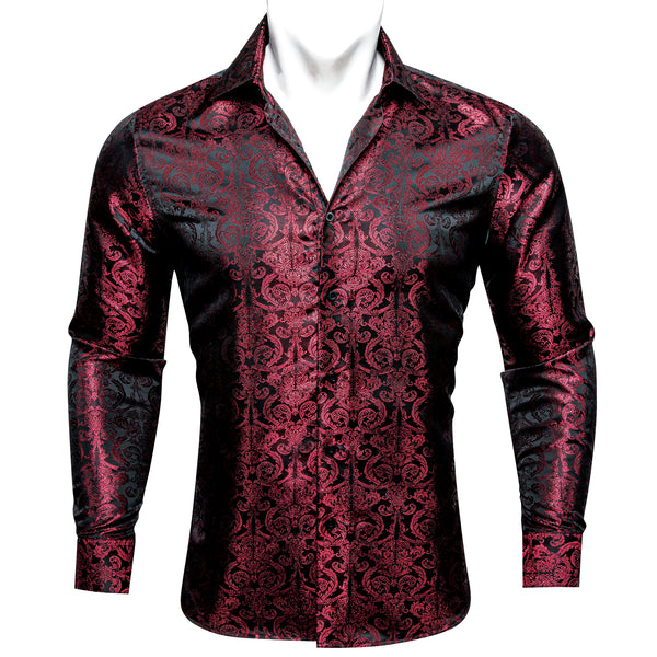 Burgundy Floral Pattern Silk Men's Long Sleeve Shirt