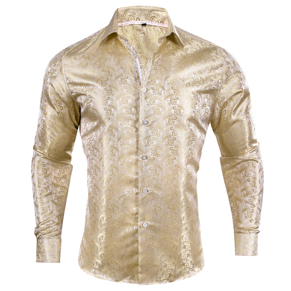 Champagne Paisley Pattern Silk Men's Long Sleeve Shirt