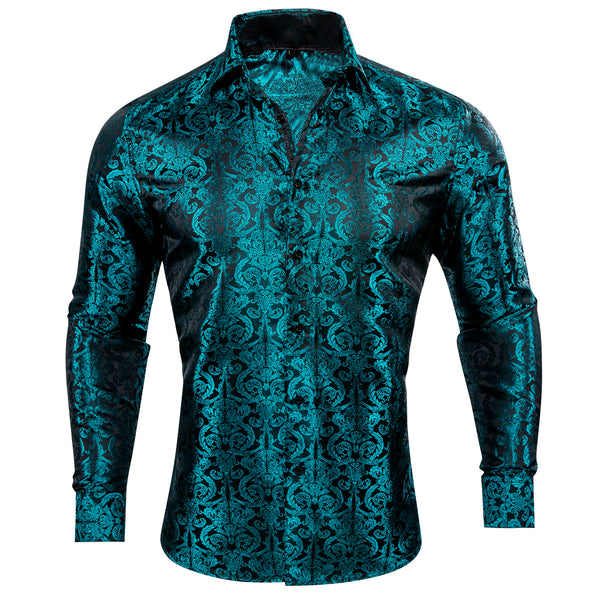 Dark Lake Blue Floral Pattern Silk Men's Long Sleeve Shirt