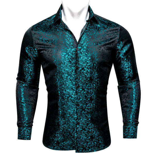 Black Lake Blue Floral Pattern Silk Men's Long Sleeve Shirt