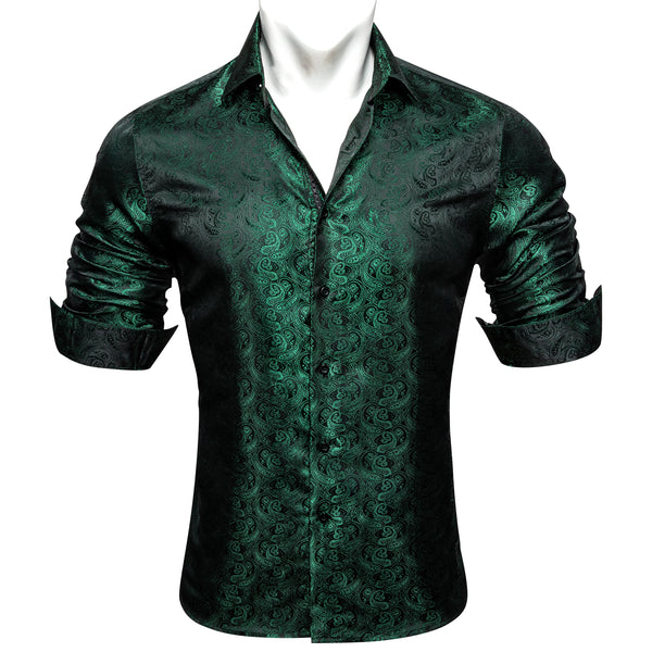 Dark Green Paisley Pattern Silk Men's Long Sleeve Shirt