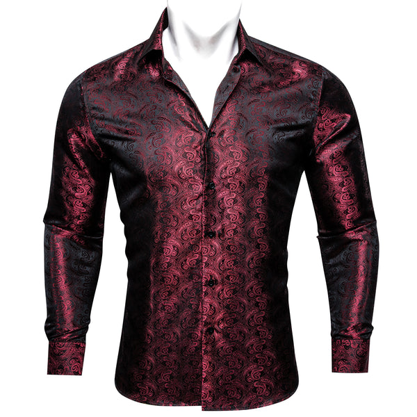 Burgundy Paisley Pattern Silk Men's Long Sleeve Shirt