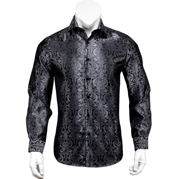 Luxury Black Floral Silk Men's Long Sleeve Shirt