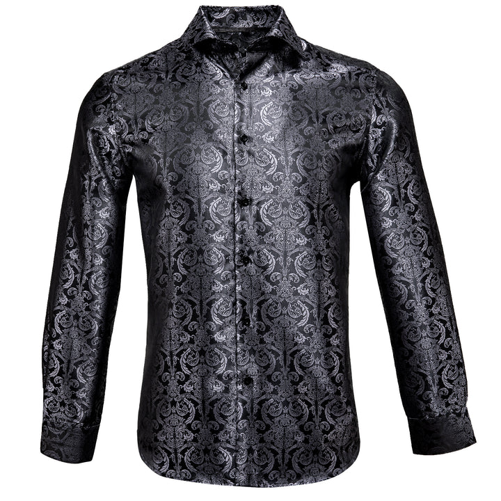 Luxury Black Floral Silk mens black dress shirt