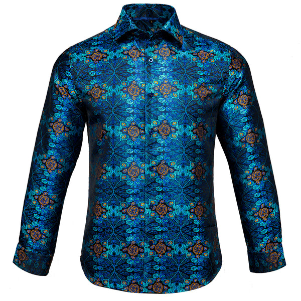 Peacock Blue Floral Silk Men's Long Sleeve Shirt