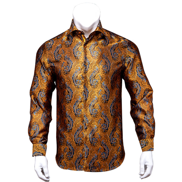 Shining Golden Paisley Silk Men's Long Sleeve Shirt