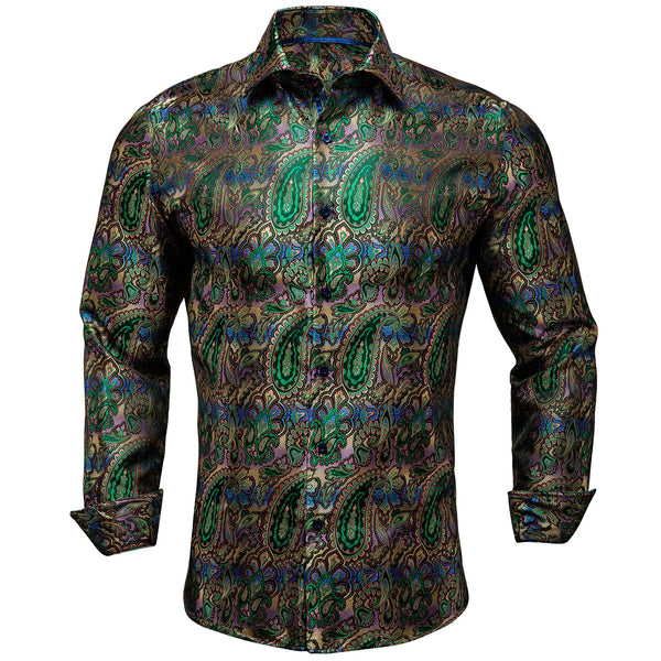 New Black Green Paisley Silk Men's Long Sleeve Shirt