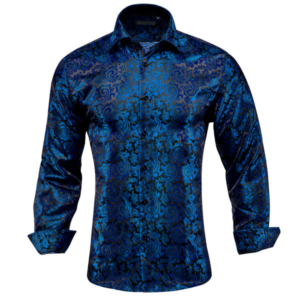Blue Black Paisley Silk Men's Long Sleeve Shirt