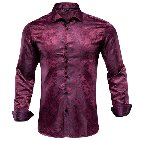 Burgundy Red Paisley Silk Men's Long Sleeve Shirt