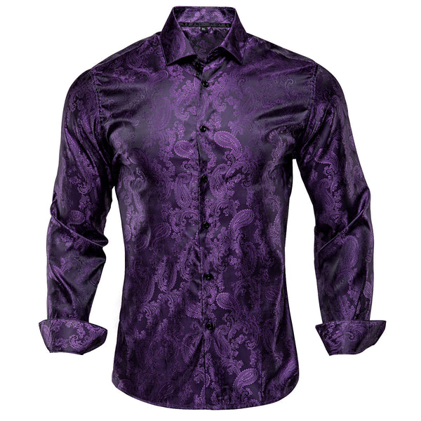 Ties2you Men's Shirt Dark Purple Paisley Silk Long Sleeve Shirt New Hot