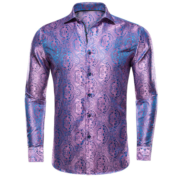 Pink Blue Paisley Pattern Silk Men's Long Sleeve Shirt