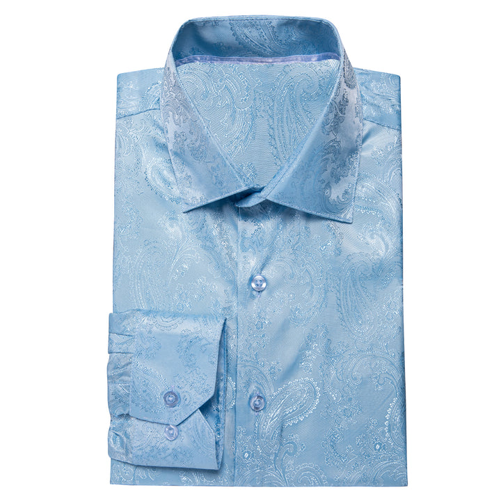New Sky Blue Paisley Silk Men's silky button up shirt