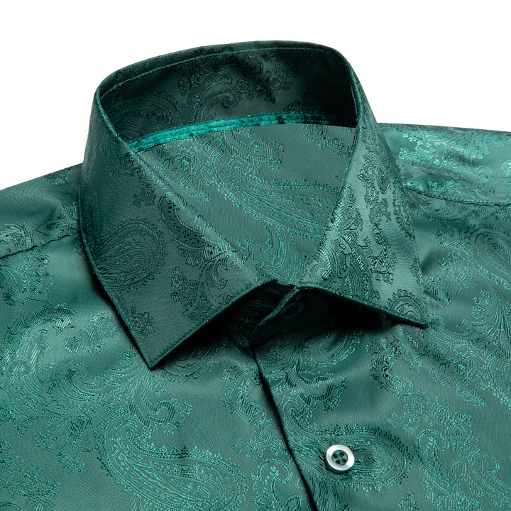 Button Down Shirt Emerald Green Paisley Silk Long Sleeve Shirt for Mens Suits