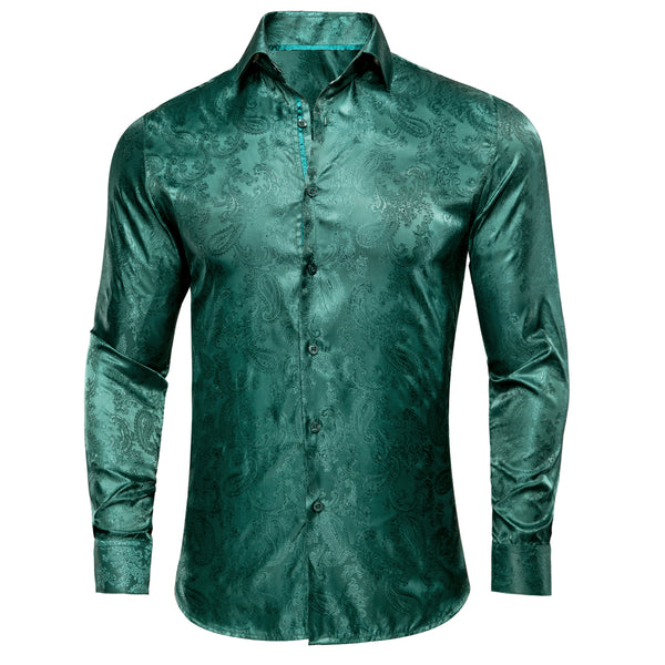 Button Down Shirt Emerald Green Paisley Silk Long Sleeve Shirt for Mens Suits