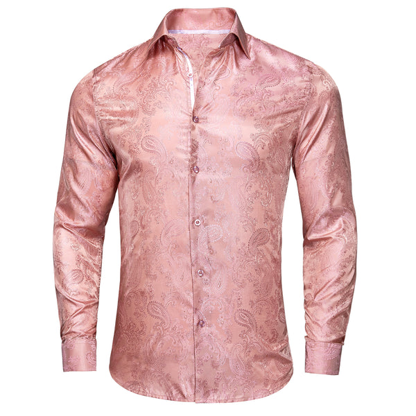 New Baby Pink Paisley Silk Men's Long Sleeve Shirt