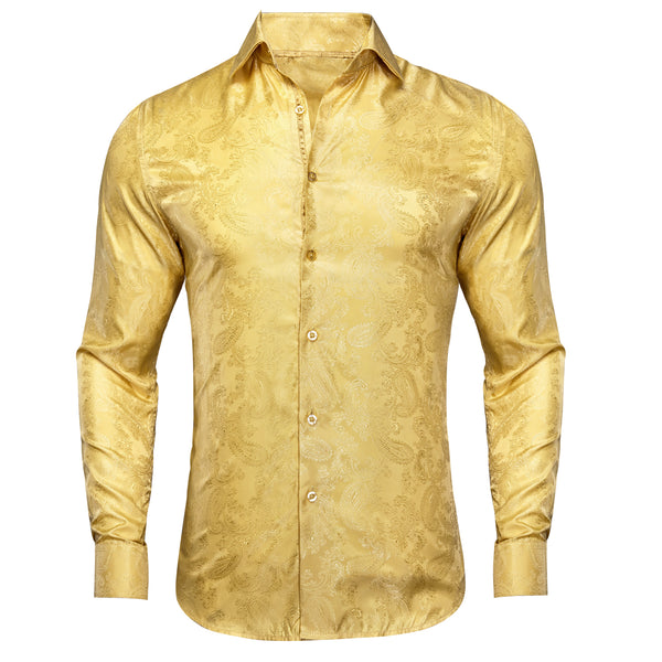New Goose Yellow Paisley Silk Men's Long Sleeve Shirt