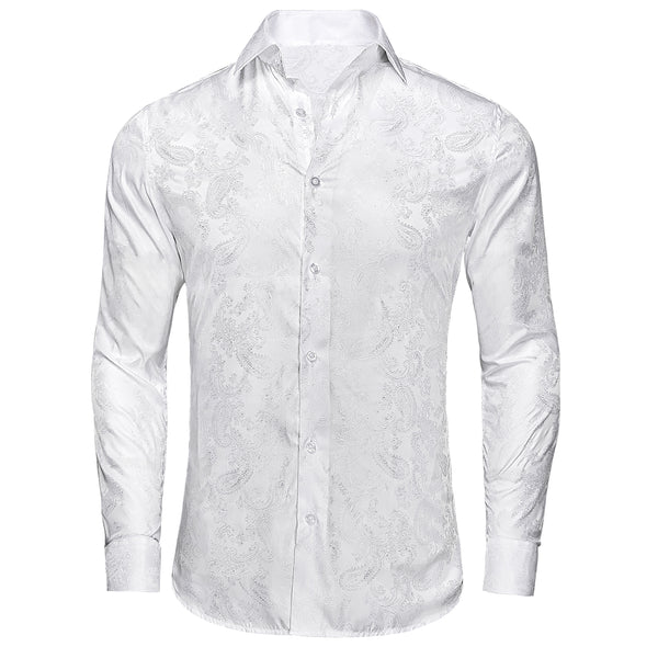 New Pure White Paisley Silk Men's Long Sleeve Shirt