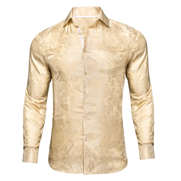 New Khaki Paisley Silk Men's Long Sleeve Shirt