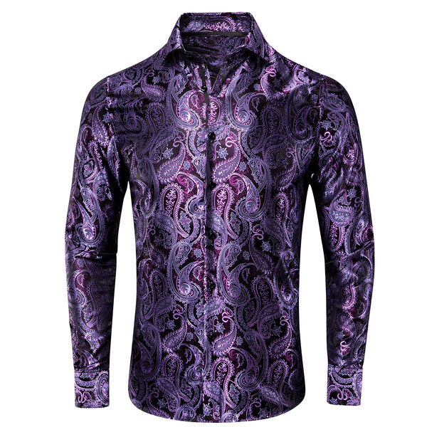 Ties2you Purple Shirt Paisley Pattern Silk Men's Long Sleeve Shirt