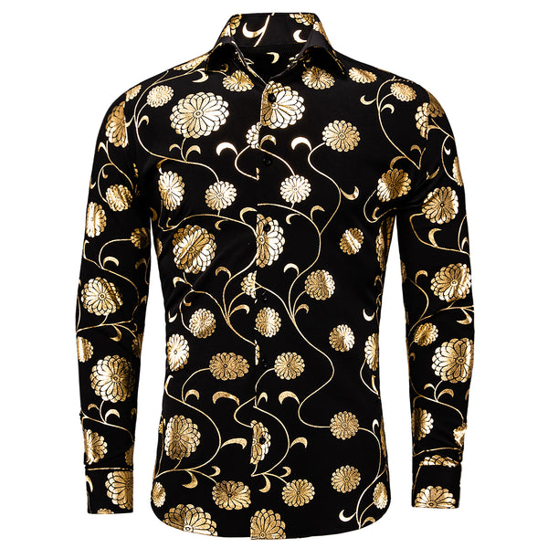 Black with Champagne Floral Pattern Silk Men's Long Sleeve Shirt