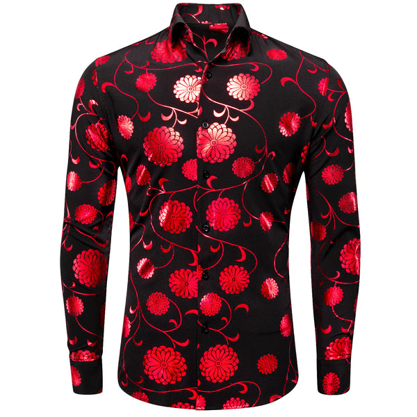 Black with Red Floral Pattern Silk Men's Long Sleeve Shirt