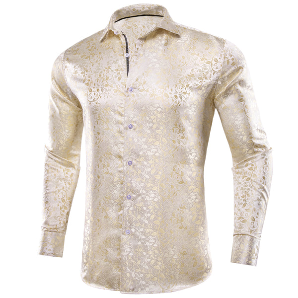 Champagne White Floral Pattern Silk Men's Long Sleeve Shirt