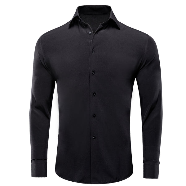 Pure Black Solid Cotton Stretchy Fabric Men's Long Sleeve Shirt
