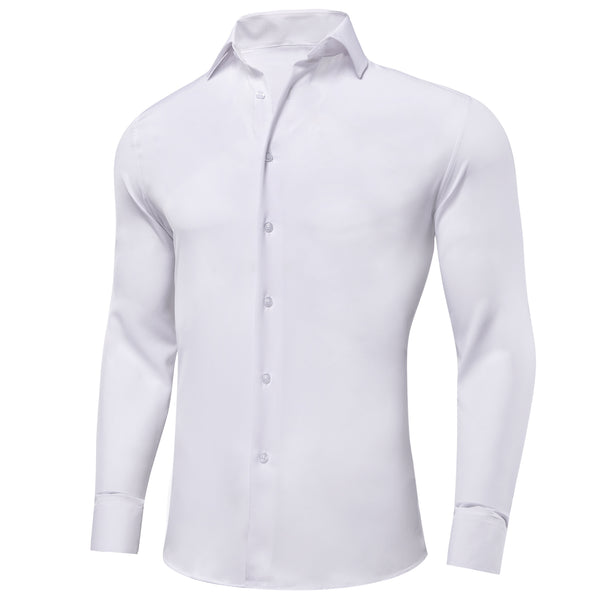 Pure White Solid Cotton Stretchy Fabric Men's Long Sleeve Shirt