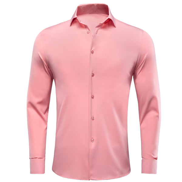 Light Pink Solid Cotton Stretchy Fabric Men's Long Sleeve Shirt