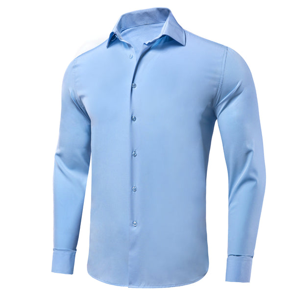 Light Blue Solid Cotton Stretchy Fabric Men's Long Sleeve Shirt