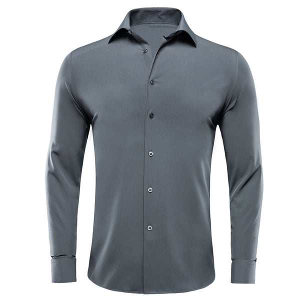 Grey Solid Cotton Stretchy Fabric Men's Long Sleeve Shirt