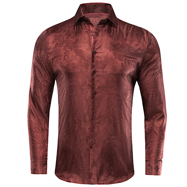 New Red Brown Paisley Silk Men's Long Sleeve Shirt