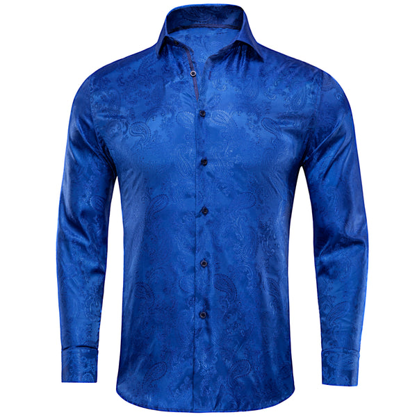 New Royal Blue Paisley Silk Men's Long Sleeve Shirt