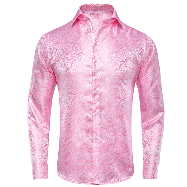 New Baby Pink Paisley Pattern Silk Men's Long Sleeve Shirt