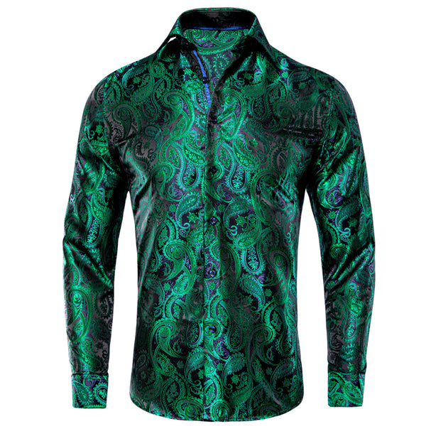 Green Black Paisley Pattern Silk Men's Long Sleeve Shirt