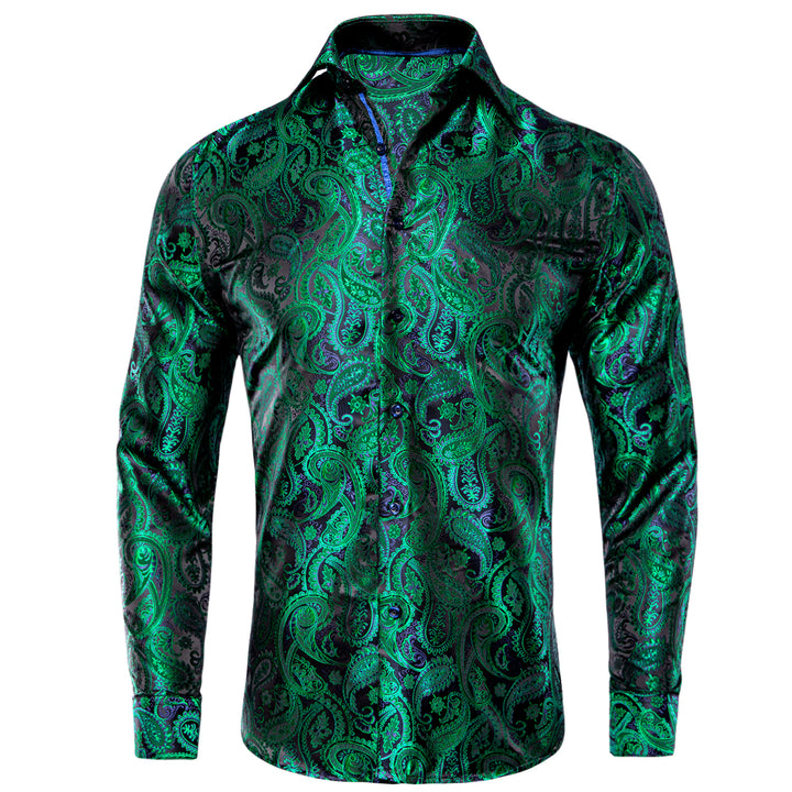 Green Blue Paisley Pattern Silk Men's Long Sleeve Shirt