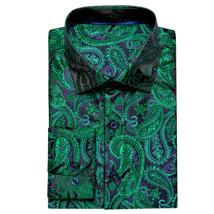 Green Blue Paisley Pattern Silk Men's Long Sleeve Shirt