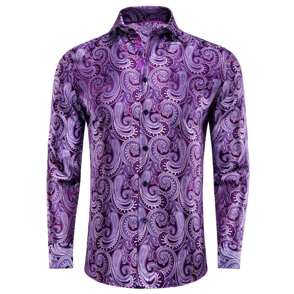 New Light Purple Paisley Silk Men's Long Sleeve Shirt