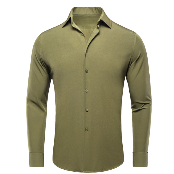 Olive Green Solid Men's Long Sleeve Cotton Shirt
