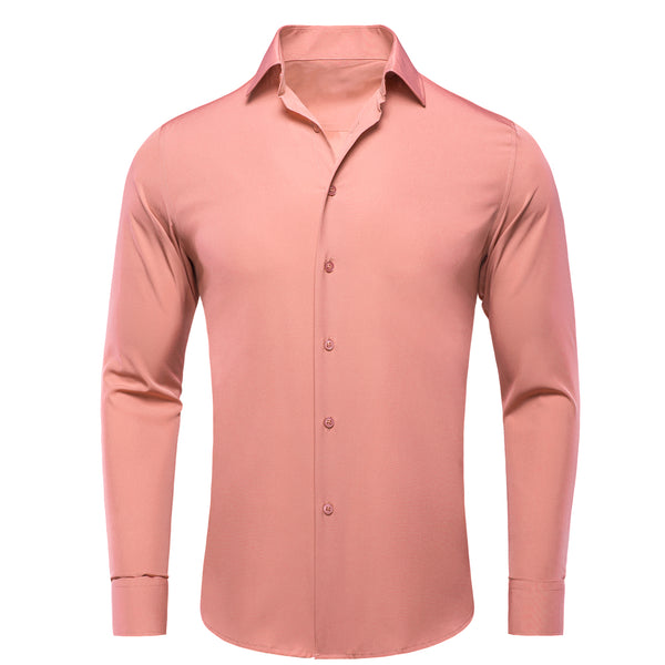New Flesh Pink Solid Men's Long Sleeve Cotton Shirt