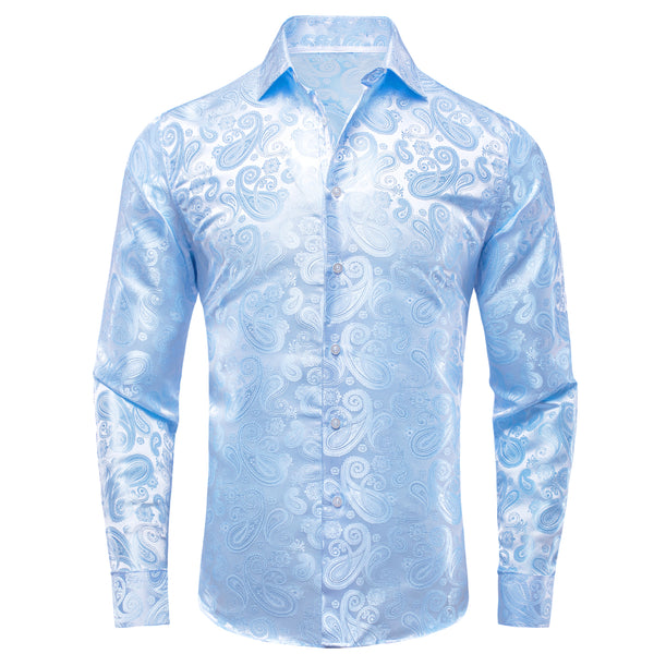 Sky Blue Paisley Silk Men's Long Sleeve Shirt