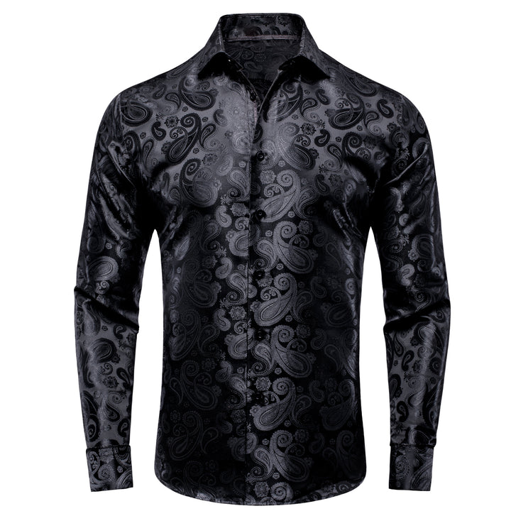 Classic Black Paisley Silk Men's Long Sleeve Shirt