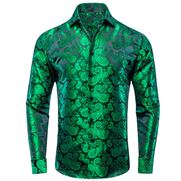 Green Paisley Silk Men's Long Sleeve Button Down Shirt