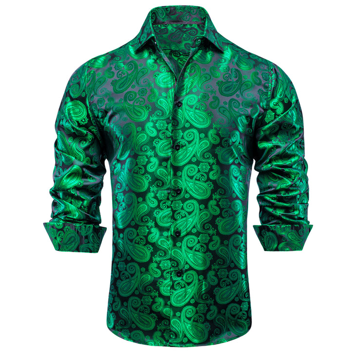 Green Paisley Silk Men's Long Sleeve Button Down Shirt