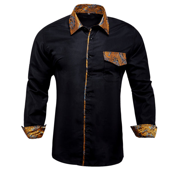 Black Golden Stitching Silk Men's Long Sleeve Shirt