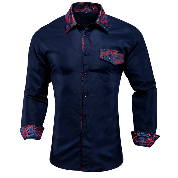 Deep Blue Red Stitching Silk Men's Long Sleeve Shirt