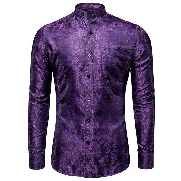 Classic Purple Paisley Pattern Silk Men's Long Sleeve Shirt